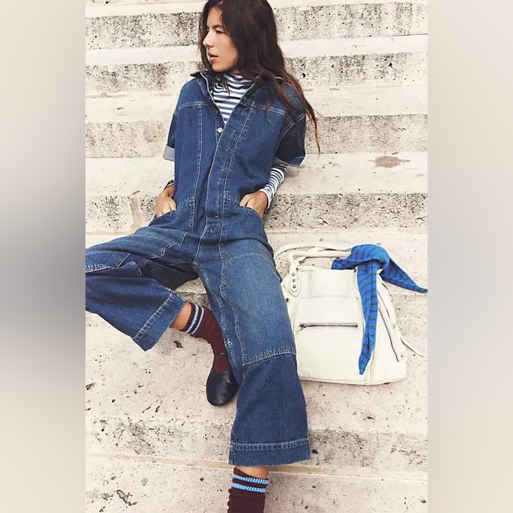 FREE PEOPLE  We The Free Golden Days Denim Jumpsuit - Forbidden Cavern XS
